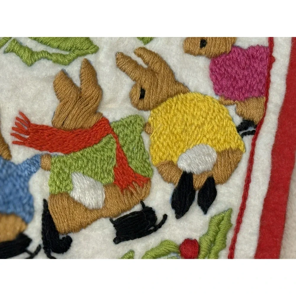 VTG‎ Columbia Minerva SKATING BUNNIES Crewel Felt Christmas Stocking FINISHED